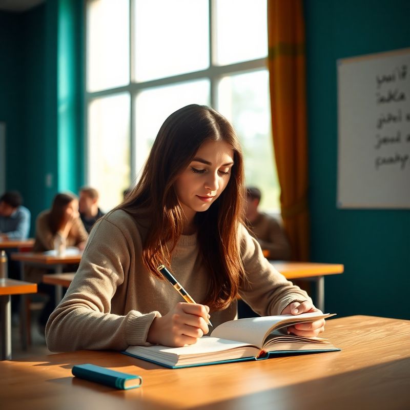 Studentă tânără scriind într-un caiet într-o sală modernă cu accente teal din Sibiu