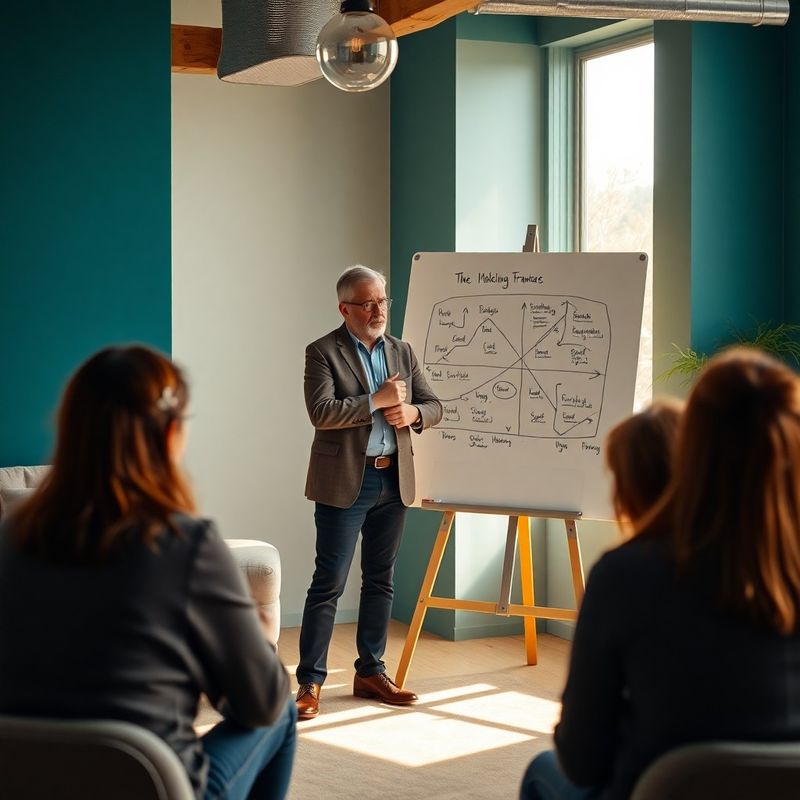 Mentor profesionist prezentând un cadru strategic pe whiteboard într-un studio modern din Sibiu