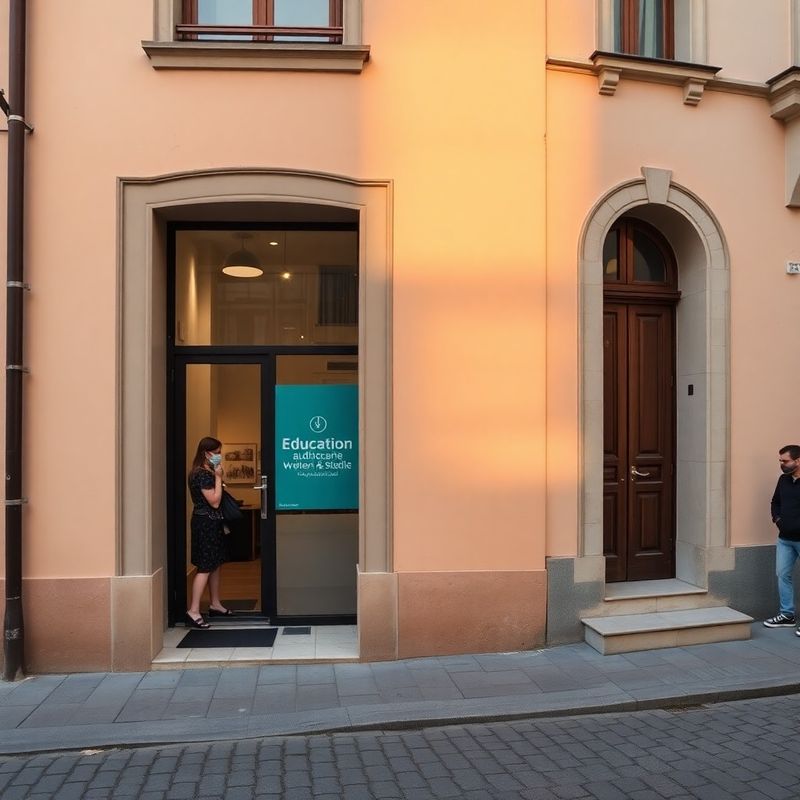 Intrarea studioului StrategyVisionary pe o stradă din Sibiu, cu panou teal vizibil