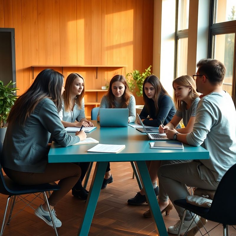 Grup mic de studenți concentrați în jurul unei mese teal într-un studio modern din Sibiu