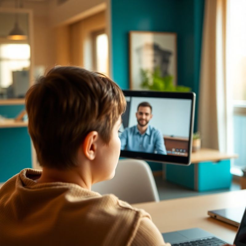 Sesiune video de admitere reflectată în ecranul unui laptop, interior modern cu accente teal