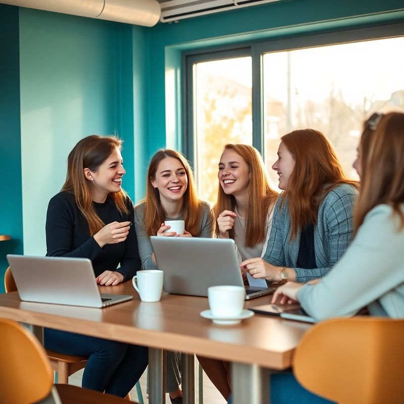 Tineri profesioniști colaborând și râzând într-un spațiu de coworking modern din Sibiu